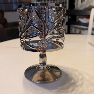 Bath & Body Works Silver Tone 3 Wick Candle Pedestal Holder Plant Leaf